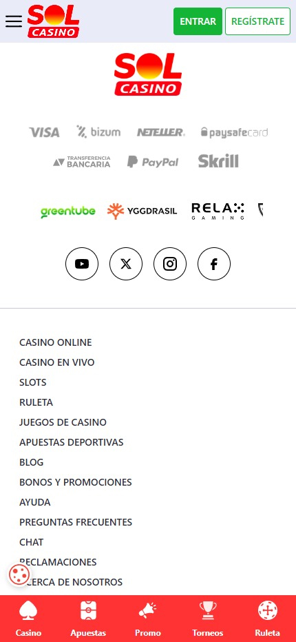 Sección de formas de pago en el casino Solcasino.