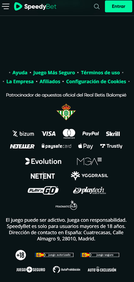 Sección de formas de pago en el SpeedyBet.