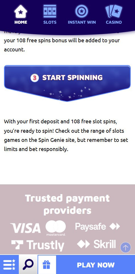 Sección de formas de pago en el casino Spin Genie.