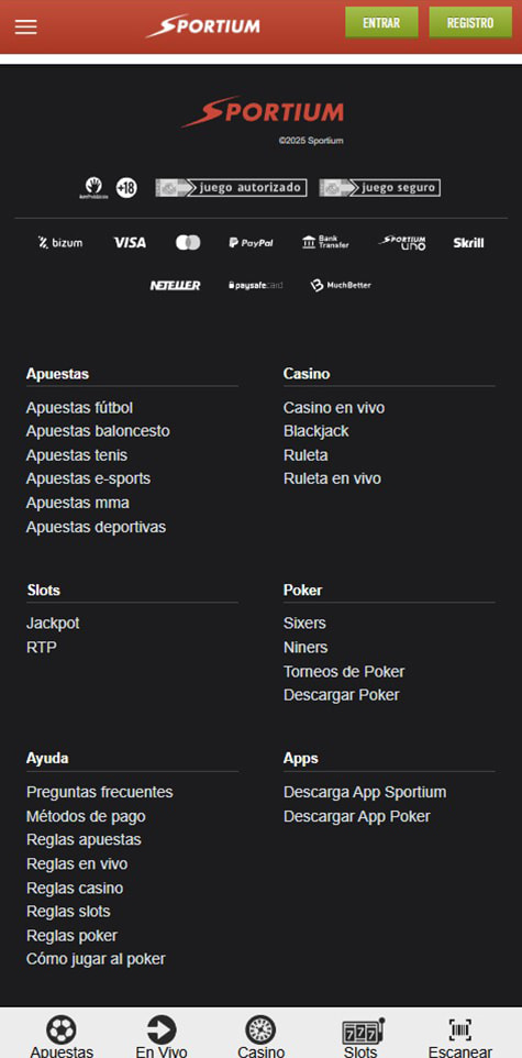 Sección de formas de pago en el casino Sportium.