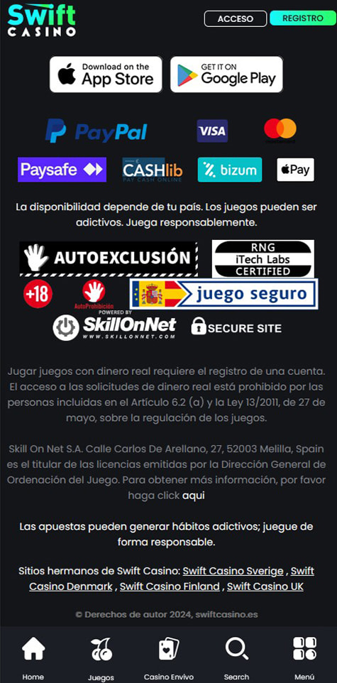 Sección de formas de pago en el casino Swift Casino.