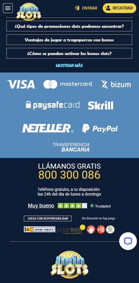 Sección de formas de pago en el casino TodoSlots.
