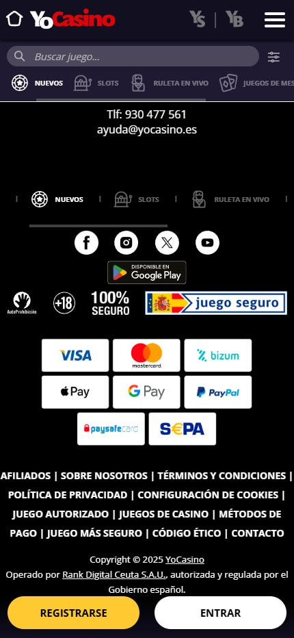Sección de formas de pago en el casino YoBingo.