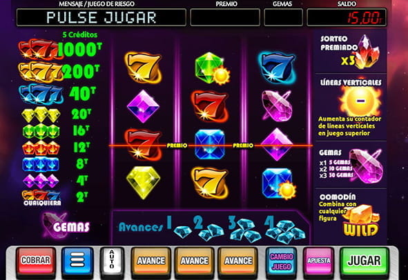 Pantalla de juego de la slot online Galactica de MGA que consta de tres rodillos y una línea de premio. 