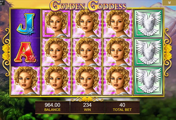 Pantalla de juego de la tragaperras Golden Goddess. Se muestra la característica de símbolos apilados con 6 figuras de la diosa rubia juntas.