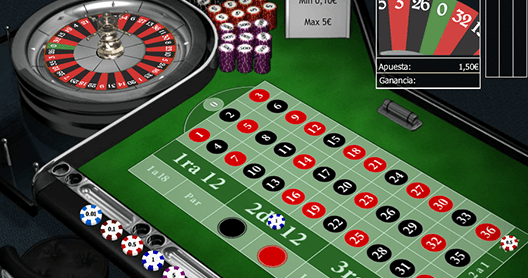 Mesa de una ruleta europea online. En el extremo superior izquierdo se puede ver el cilindro de la ruleta y en el centro la mesa de apuestas. Un pantalla a la derecha te va mostrando los números ganadores.