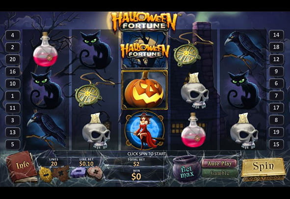 Los cinco rodillos del Halloween Fortune con gatos negros, cuervos y brujas.