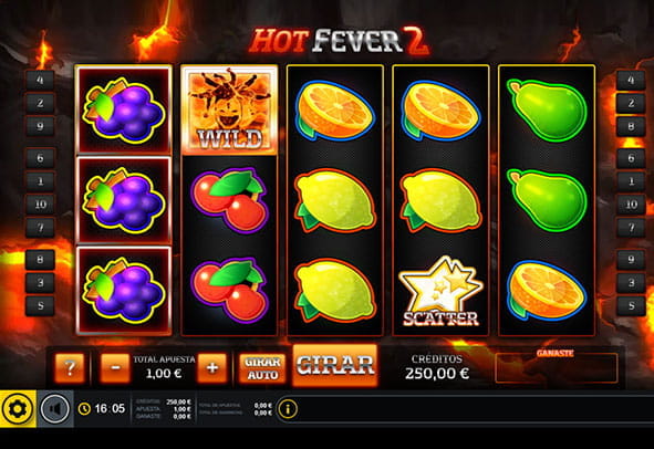 Tablero con los cinco rodillos y tres filas de la slot Hot Fever 2 para casinos online.