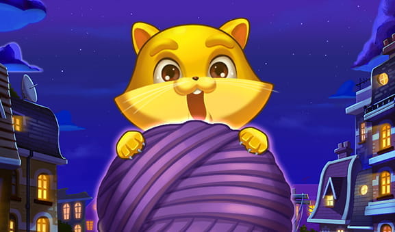 Imagen de bienvenida de la slot Copy Cats en la que se ve un gatito dorado escondido detrás de un ovillo de lana morado.