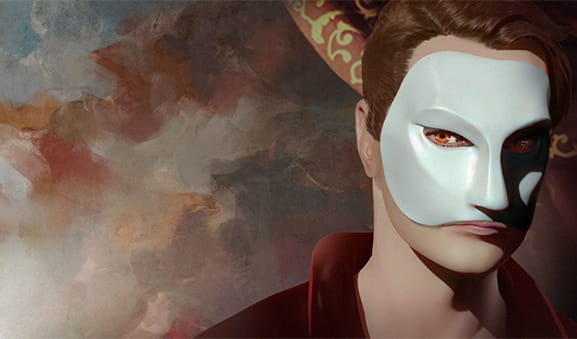 Imagen de presentación de la slot The Phantom's Curse. Se ve un primer plano del Frantasma de la Ópera con la característica máscara blanca.