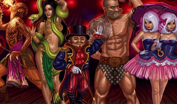 Imagen de presentación de la slot The Twisted Circus en la que se ven además algunos de los personajes del juego: el director de pista en el medio, a su derecha un forzudo y las siamesas, y a su izquierda un escupe fuego y una mujer con serpientes.