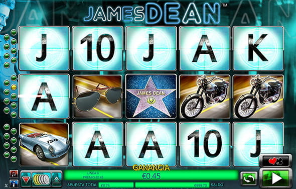 La tragaperras James Dean de NextGen Gaming con sus cinco rodillos y tres filas.
