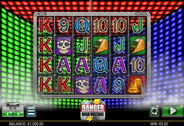 Tablero de la slot Danger High Voltage para casinos online.