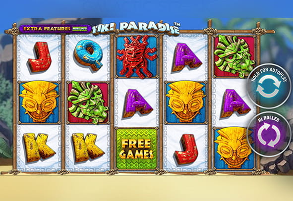 Tablero de la slot Tiki Paradise con 5 rodillos y 3 filas.