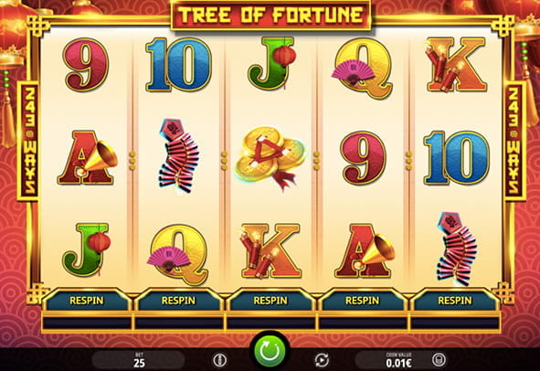 Tablero de la slot Tree of Fortune con sus 5 rodillos y 3 filas.