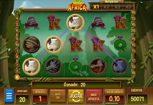Los cinco rodillos de la slot Wild Africa con una combinación ganadora durante una partida de prueba.