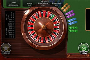 La ruleta se ve desde arriba. La apuesta del jugador y otros datos se ven en números en la parte superior. A la derecha está el paño.