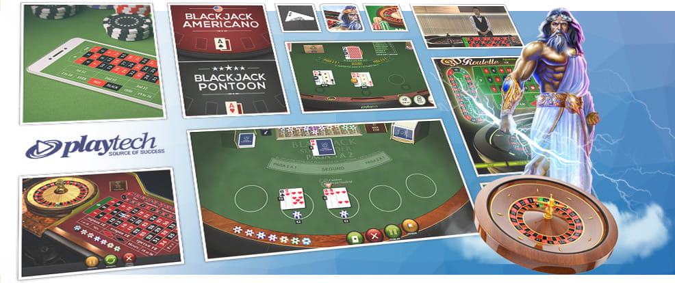 Collage de juegos de Playtech como el blackjack o la ruleta.