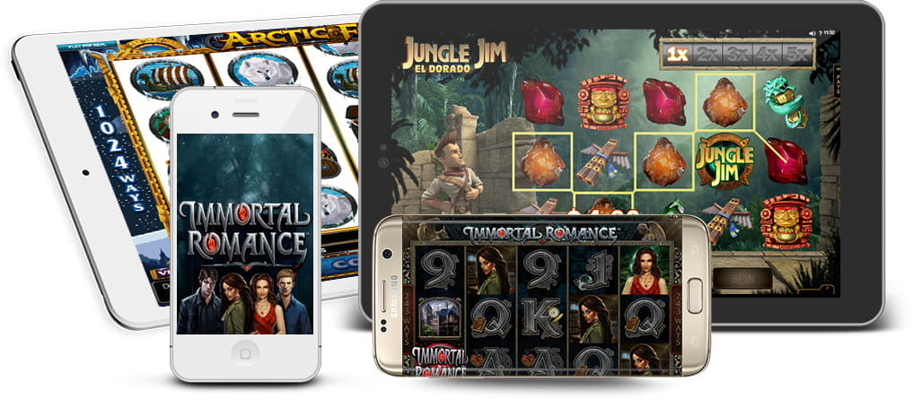 Diversos dispositivos móviles en cuyas pantallas se pueden ver juegos del proveedor Microgaming.
