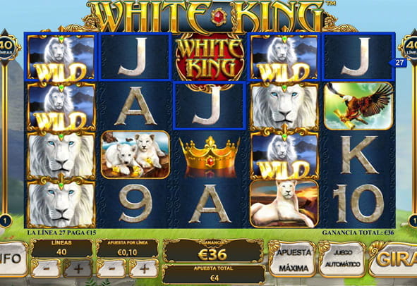 Pantalla principal de la tragaperras White King durante una partida con una línea ganadora marcada.