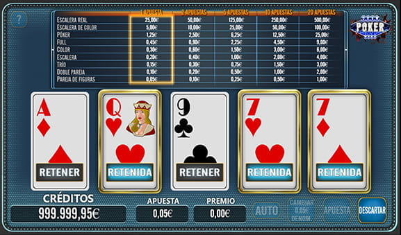 Portada del juego vídeo póker Draw Poker con cinco cartas desplegadas más el tablero de pagos con los juegos posibles según la cantidad de apuestas y sus posibles ganancias.