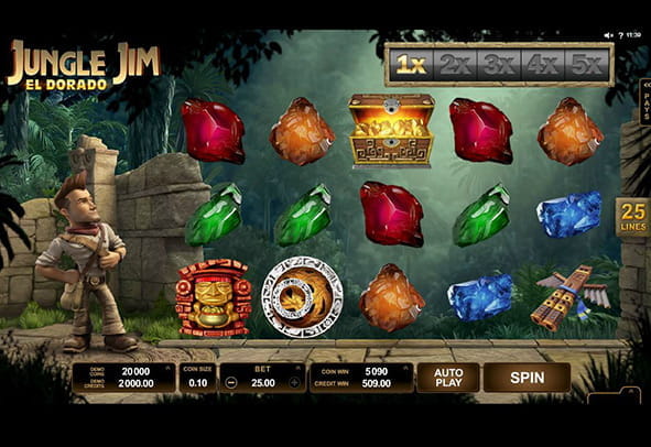 Prueba gratis el slot Jungle jim el Dorado sin necesidad de registrarse. Vista general del juego con el personaje Jim observando los rodillos.