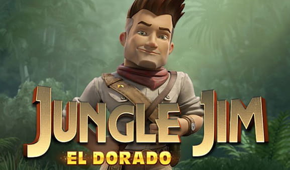 Portada del juego Jungle Jim El dorado con el personaje Jim frente detrás del título.