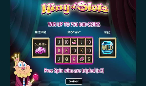 Portada del King of Slots presentando todos los elementos del juego, wild, scatter y el rey.