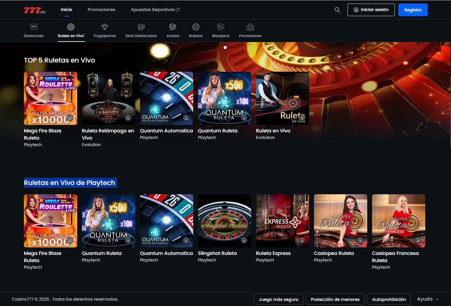 Lobby de ruletas live en Casino 777.