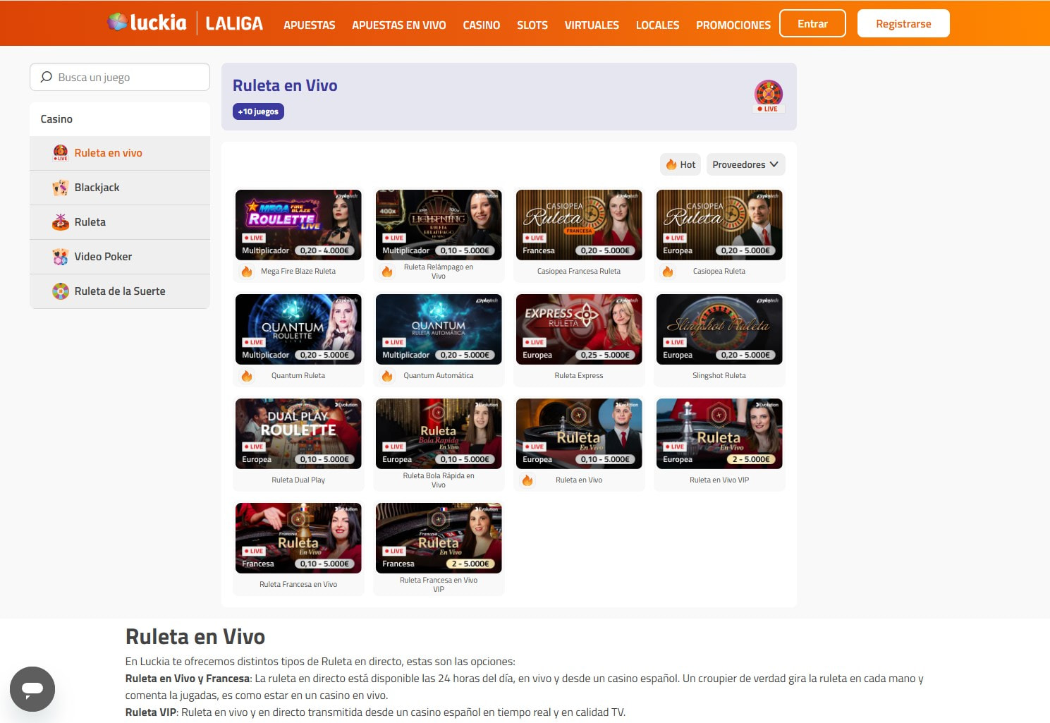 Lobby de ruletas live en Luckia.