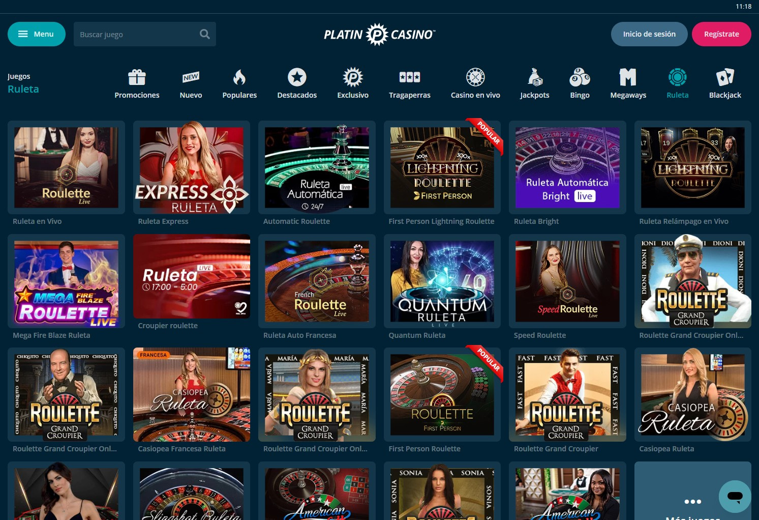 Ruletas live de Playtech disponibles en el casino online en vivo Platincasino en España.