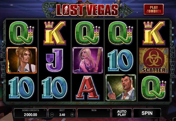 Pantalla principal del juego Lost Vegas. Pinchando aquí se puede jugar gratis. Se muestran los 5 rodillos de la opción de juego supervivientes.