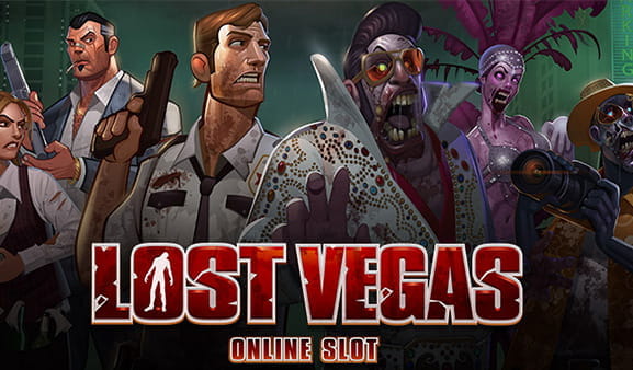 Logo de la tragaperras Lost Vegas. Con varios zombis y un policía levantando un arma.
