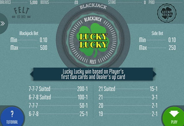 Portada del juego de blackjack Lucky Lucky mostrando las distintas clases de apuestas posibles en el juego.