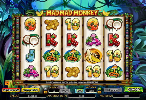 Portada de la slot Mad Mad Monkey desarrollada por NextGen Gaming con sus cinco rodillos y cuatro líneas. 