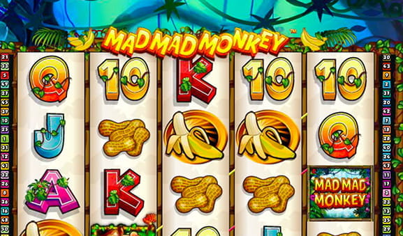 El panel de juego de la tragaperras Mad Mad Monkey. Se ven los cinco carretes y las cuatro líneas.