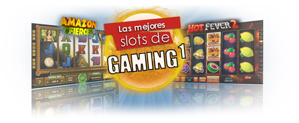 Collage con pantallas de Amazon Fierce y Hot Fever 2 y una bola de fuego en la que se lee Las mejores slots de Gaming1.