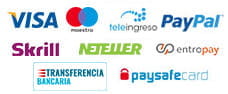 Logotipos de los pagos aceptados en el casino William Hill: Visa, Maestro, transferencia bancaria, Paypal, Skrill, Neteller, Entropay, teleingreso y paysafecard.