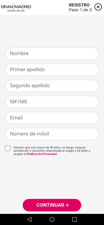Formulario de registro de la app de Gran Madrid Casino Online.