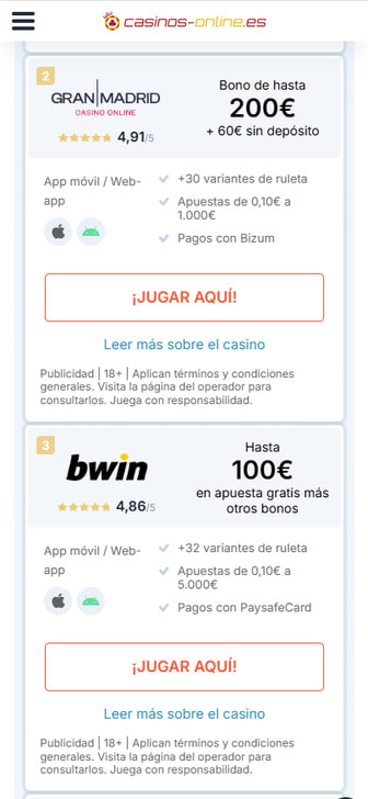 Ranking de casinos con ruleta para móvil en casinos-online.es.