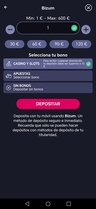 Depósito con Bizum en la app de Gran Madrid Casino Online.