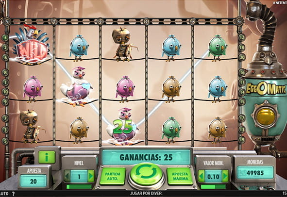 Partida a la slot Eggomatic de NetEnt donde aparecen sus peculiares 5 tambores y 3 líneas, con una línea ganadora conseguida gracias a un comodín en la parte superior izquierda. 