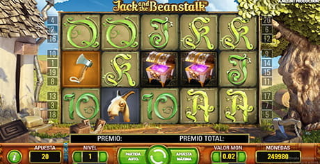 Partida a la slot Jack and the Beanstalk de NetEnt con sus cinco tambores y sus tres líneas, donde aparecen algunos de los símbolos principales como la cabra, el martillo y el cofre abierto, además de las letras de la baraja francesa.