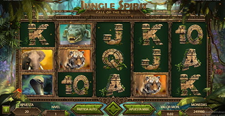 Partida a la slot Jungle Spririt de NetEnt con sus cinco tambores y sus tres líneas, donde aparecen algunos de los símbolos principales como el tigre, el elefante, el cocodrilo y la cobra, además de las letras de la baraja francesa.