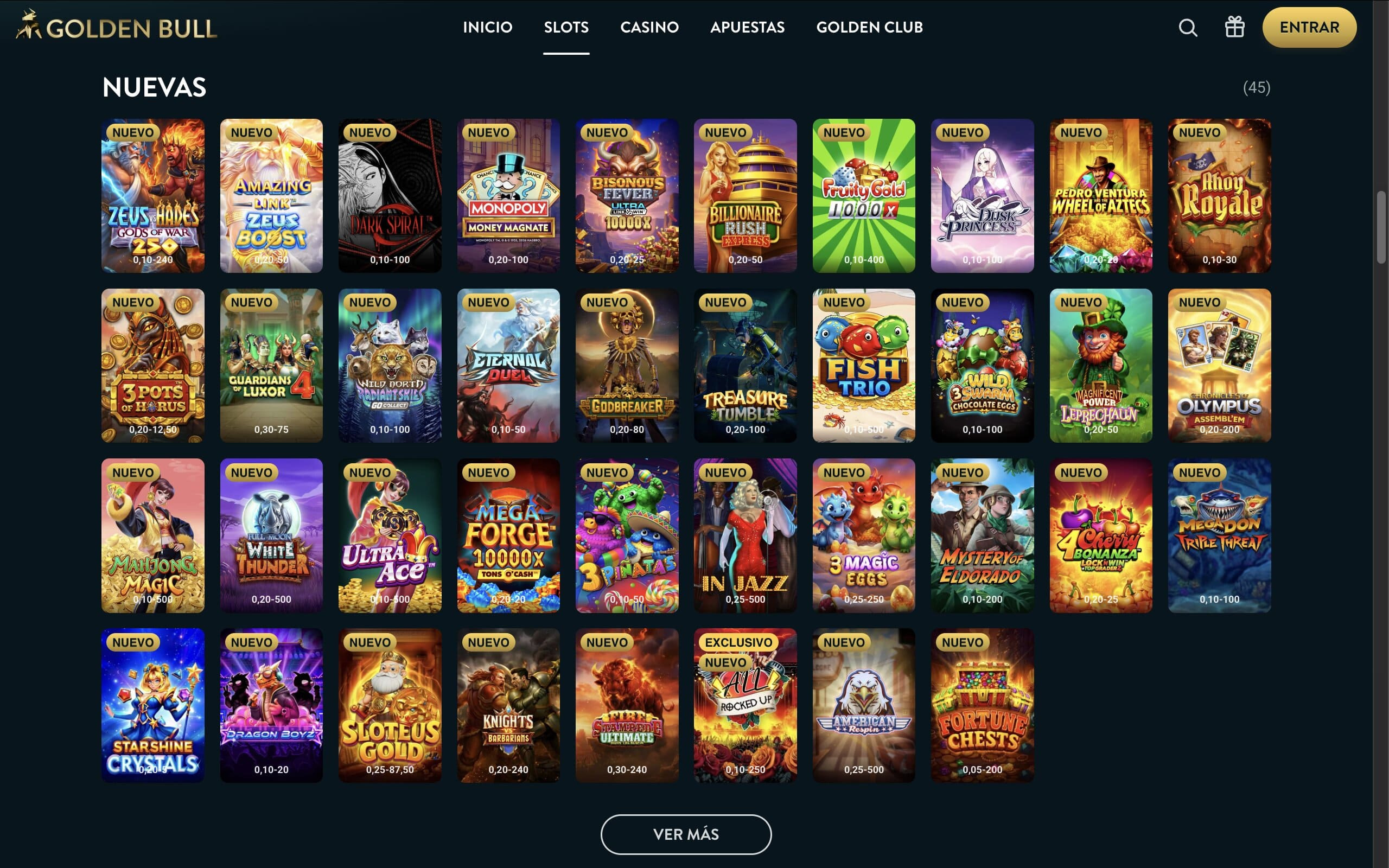 Página de inicio de Golden Bull, uno de los nuevos casinos online en España.