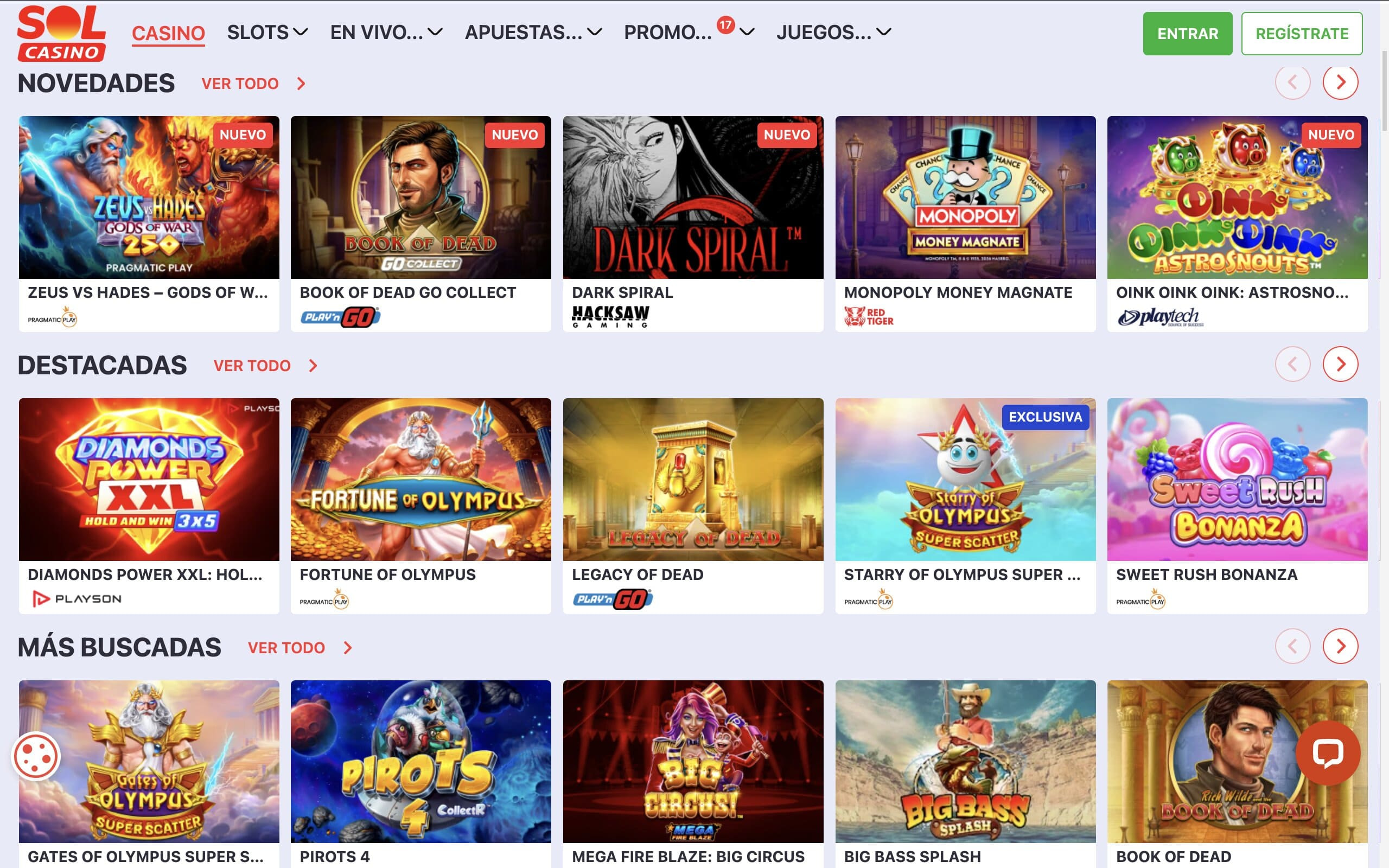 Página de inicio de Solcasino, uno de los nuevos casinos online en España.
