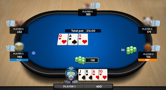 Una mesa del juego de póker Omaha con seis jugadores, 3 cartas comunitarias y la mano del jugador 1.