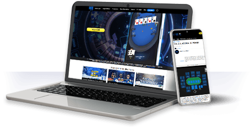 Un ordenador y un móvil con la oferta de juegos de 888poker.