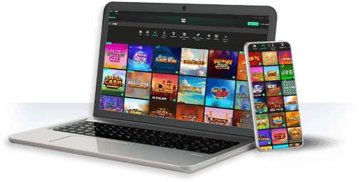 Un ordenador y un móvil con la oferta de juegos de bet365 en la pantalla.