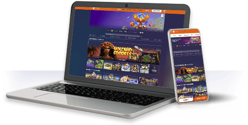 Un ordenador y un móvil con la oferta de juegos de Enracha.